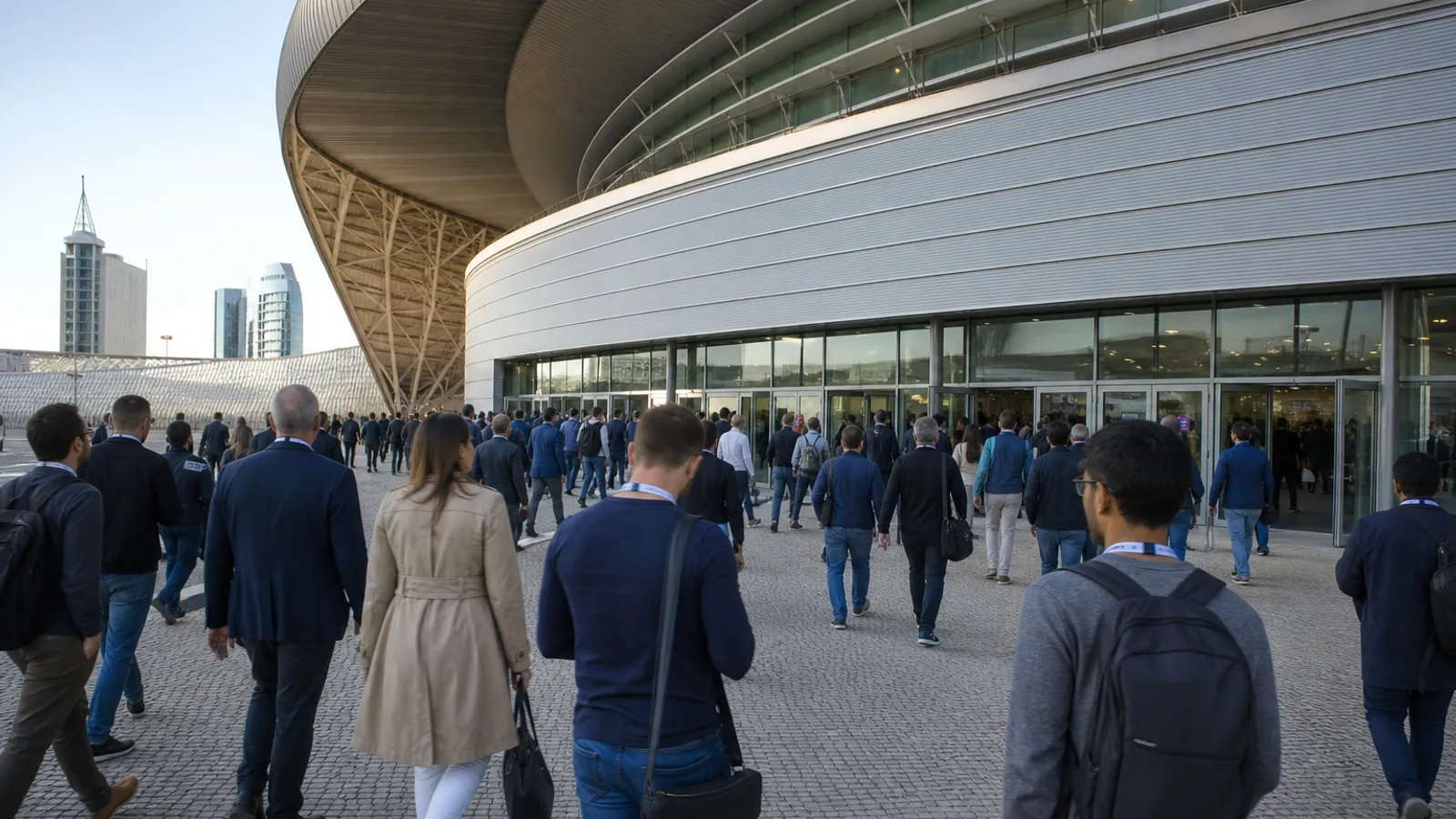 里斯本 Altice 体育馆入口,佩戴证件的科技峰会参会者